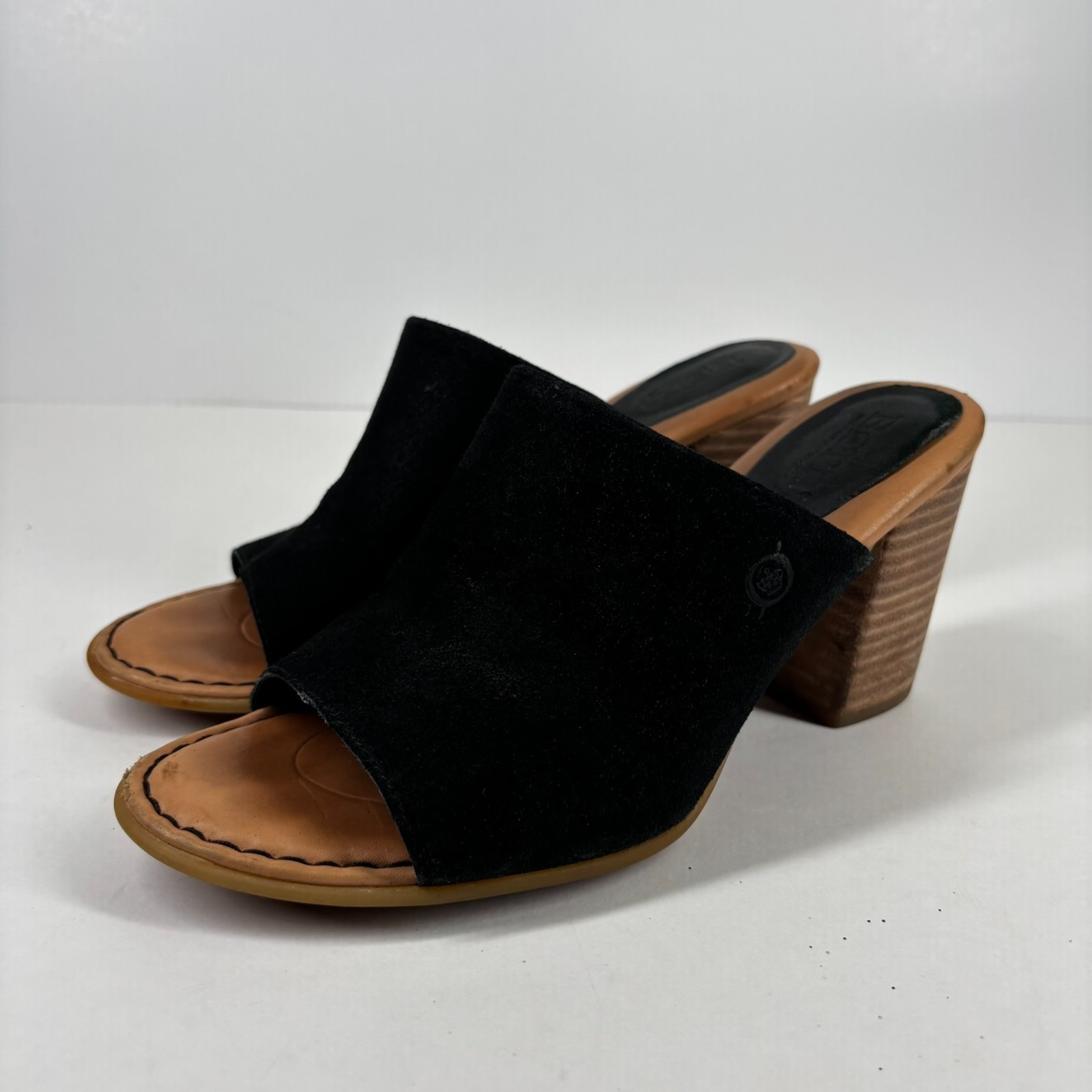 Born Bima Women's 7m Black Suede Comfort Open-Toe Block Chunky Heel Mules Sandal